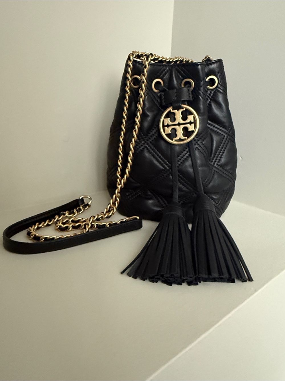 Tory Burch Black Quilted Leather Tassel Drawstring Bag with Gold Hardware